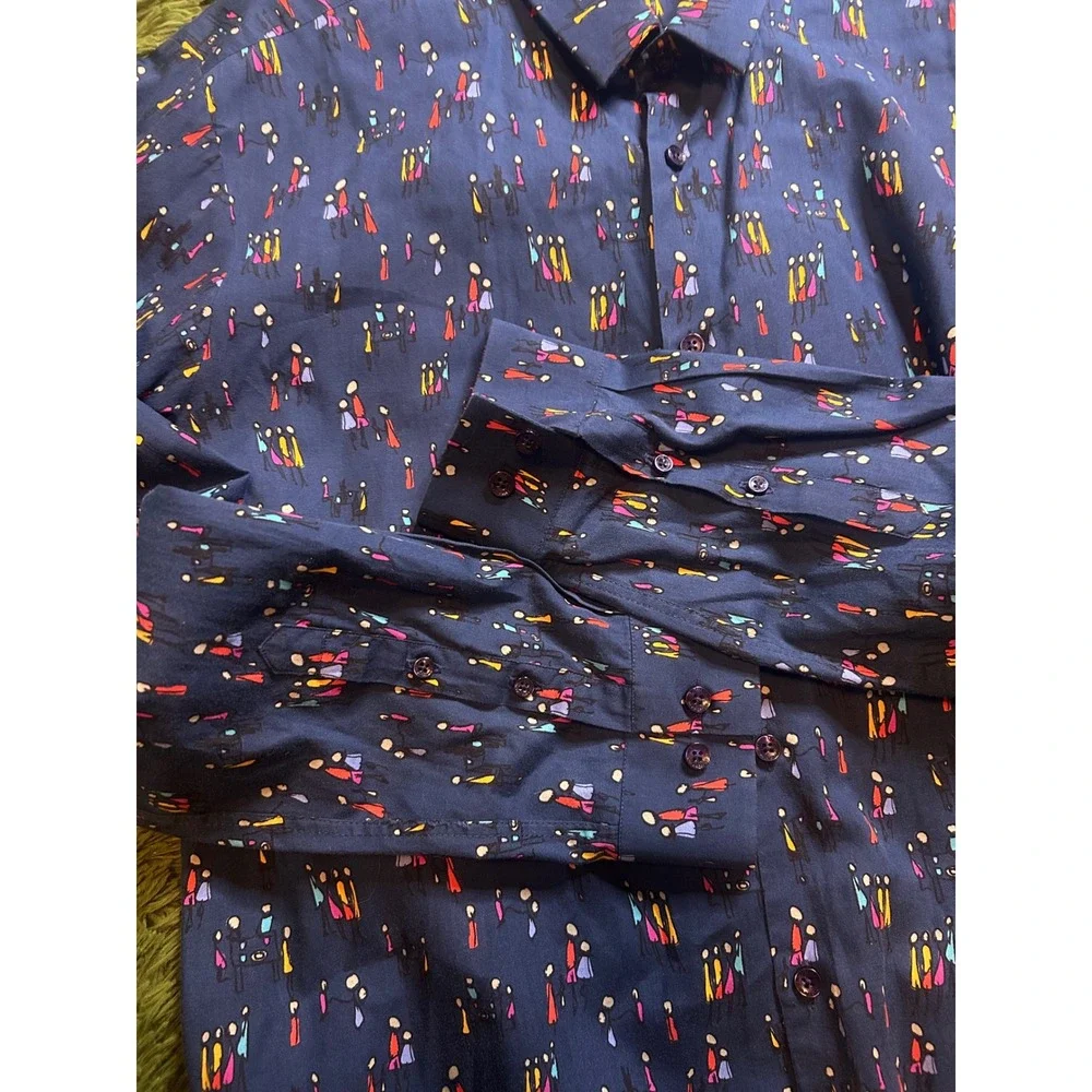 Jared Lang Button Down Men L Navy Blue AfterHours Slim Fit Abstract People Print